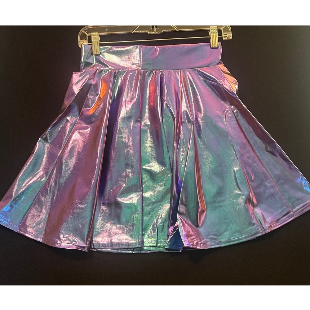 Metallic Iridescent Skater Skirt Purple Blue Holographic High Waist